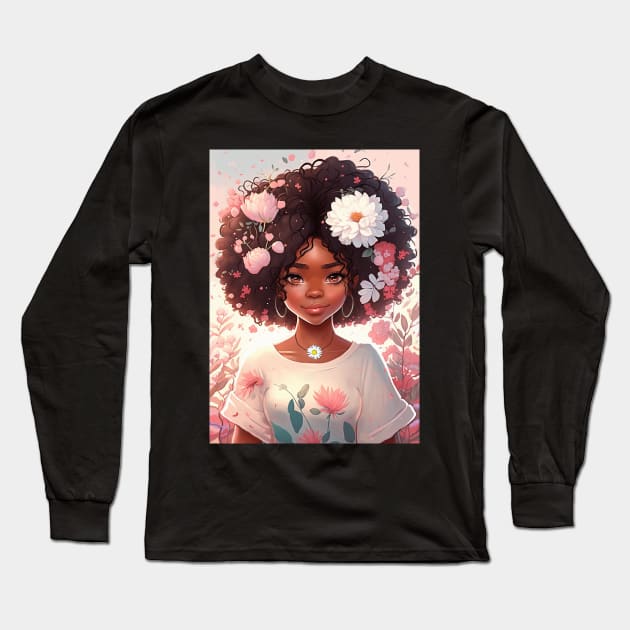 Cute floral anime black girl Long Sleeve T-Shirt by GothicDesigns